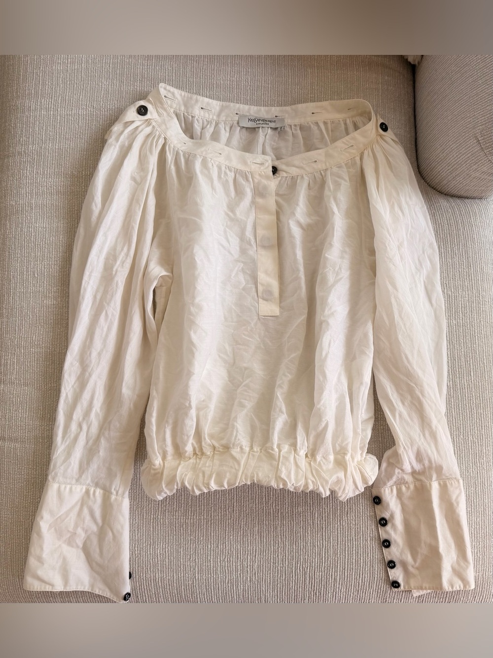 Yves Saint Laurent Cream Gathered Hem Peasant Blouse cotton silk blend 36